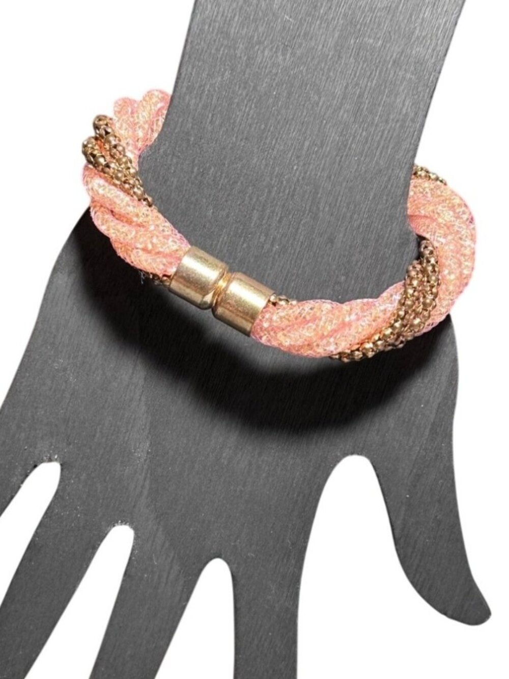 Crystal Mesh Tube Bracelet Pink Gold Tone Magnetic Closure Glitz Womens Jewelry - Picture 3 of 7